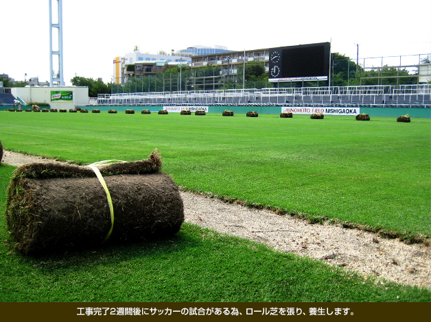 工事完了2週間後にサッカーの試合がある為、ロール芝を張り、養生します。