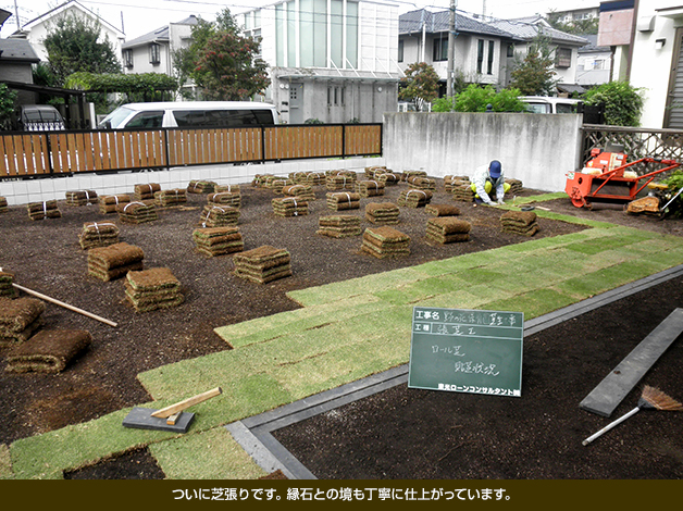 ついに芝張りです。縁石との境も丁寧に仕上がっています。