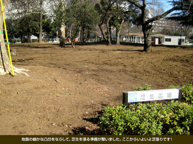 地面の細かな凸凹をならして、芝生を張る準備が整いました。ここからいよいよ芝張りです!