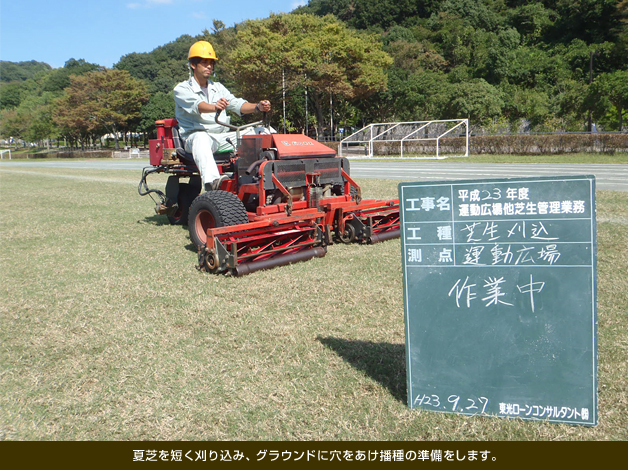 夏芝を短く刈り込み、グラウンドに穴をあけ播種の準備をします。