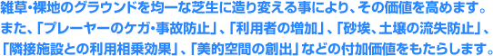 雑草・裸地のグラウンドを均一な芝生に造り変える事により、その価値を高めます。 また、「プレーヤーのケガ・事故防止」、「利用者の増加」、「砂埃、土壌の流失防止」、「隣接施設との利用相乗効果」、「美的空間の創出」などの付加価値をもたらします。